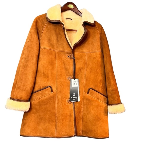 UK Washed Tan Shearling Sheepskin Jacket, Luxury Leather Women's Jacket - Picture 9 of 11